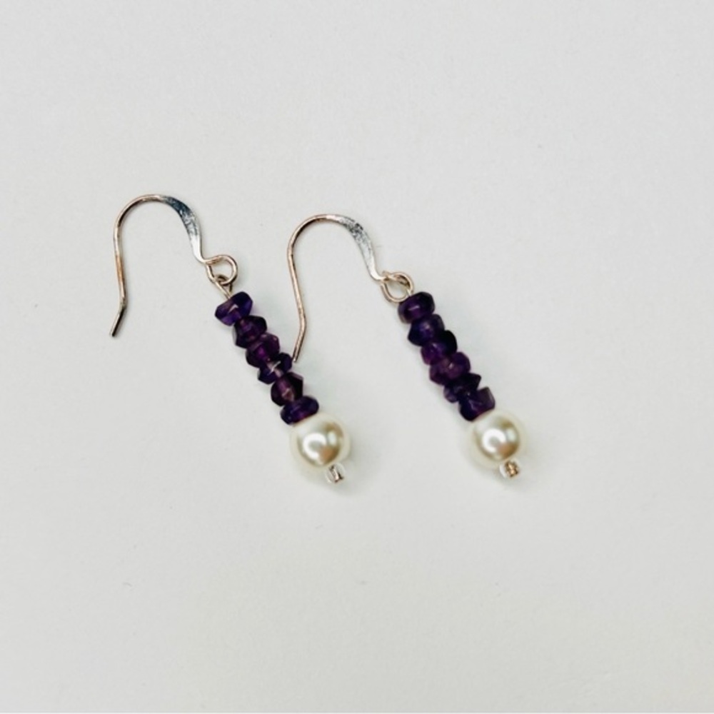 HAND CRAFTED EARRINGS Amethyst and Pearl Purple Dangle Drop NWT